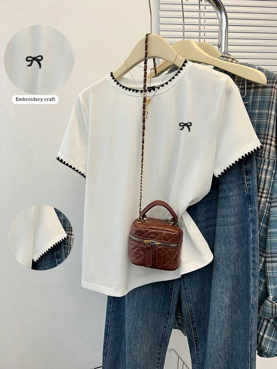 INAWLY 女士休闲撞色贝壳蝴蝶结刺绣圆领T恤