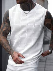 Manfinity CasualCool 男士夏季纹理圆领休闲宽松背心 男士白色无袖上衣 男士白色上衣 男士白色网纱上衣