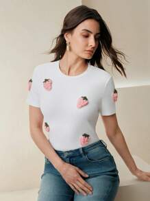 Anewsta 女士斜肩短袖T恤，3D草莓印花修身款，夏季 - 白色 - 查看 7