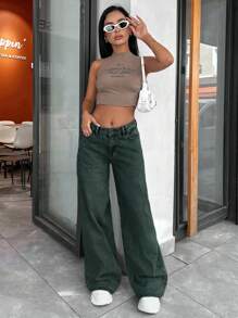 EURMUSE 100% Cotton WIDE LEG LOW WAIST JEANS - Teal Blue - View 5