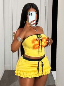 Slaydiva 2 件 2025 春夏新款街头服饰和性感风格，黄色对比黑色饰边，23 号图案，修身紧身胸衣，带装饰抽绳和多层荷叶边下摆迷你裙，大码女士 2 件套 - 黃色 - 查看 4