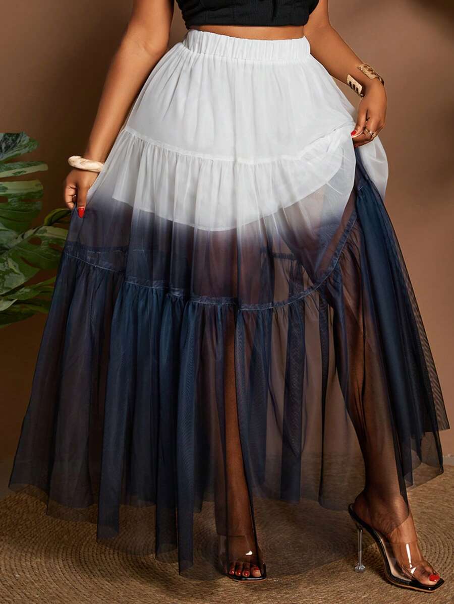 Maweii Plus Size Women Ombre Mesh Skirt - Black and White - View 1
