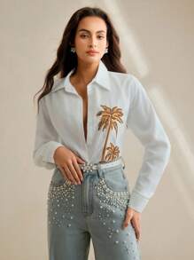 Anewsta Solid Color 3D Pearl Embroidered Coconut Tree Long Sleeve Shirt