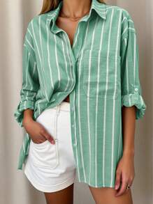 INAWLY Women's Button-Down Long Sleeve Striped Casual Loose Fashionable Blouse Women Shirt