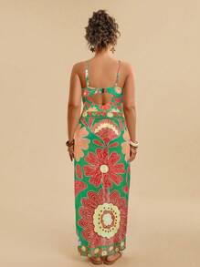 Travachic 大码假日休闲热带花卉印花细肩带泳衣 + 蝴蝶结腰带长款罩衫泳装 2 件套女式 - 綠色 - 查看 2