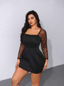 Viva Relle Plus Size Women's Square Neck Long Sleeve Mesh Pearl Sheer Vintage Elegant Casual Vacation Party Wedding Short Dress - Black - View 4
