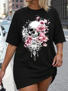 SHEIN LUNE 大码万圣节 T 恤、大码街头图案 T 恤、休闲夏季上衣、度假风 - 黑色 - 查看 1