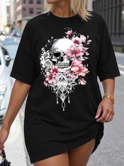 SHEIN LUNE Plusstorlek Halloween-t-shirt, Plusstorlek Streetwear-t-shirt med grafisk design, Avslappnad sommartopp, Semesterstämning