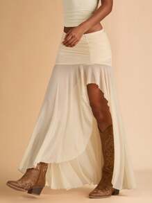 SHEIN BAE Women's Solid Color Ruffle High Waist Asymmetrical Hem Casual Skirt, Summer - Apricot - View 6