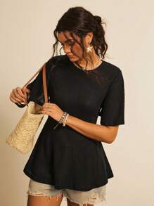 Freevana Plus Waffle Knit Butterfly Sleeve Peplum Tee - Black - View 6
