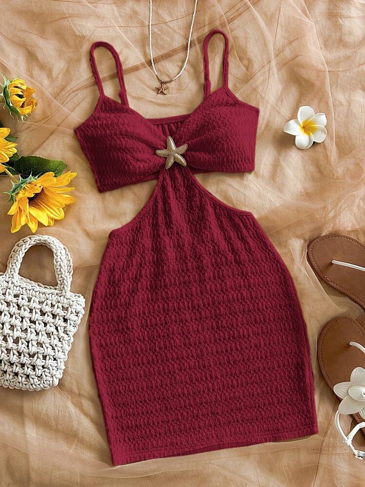 casual holiday dresses 2021 Soleia Burgundy Summer Beach Vacation Cutout Waist Spaghetti Strap Textured Fabric Mini Dress For Women,Boho Red Music Festival Outfit sa_rr_5