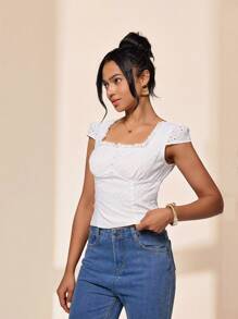 Almamuse Women's Elegant Embroidery Square Neck Bell Sleeve Fashionable Blouse - White - View 6