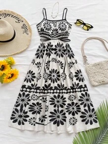 Soleia Women's Green Tropical Floral Print Mid-Calf Dress With Side Cutouts And Self-Tie Waist, Relaxed Fit A-Line Cami Dress Summer Dress Midi Women Sundress Summer Women Summer Dress - Multicolor - View 4