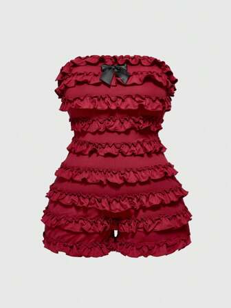 Grunge Punk Back To School  Y2K Inspired Ruffle Layered Solid Black Plus Size Women Overalls Mini Casual Shorts Outfit