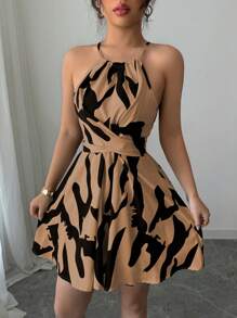 Selianne Women's Black And White Printed Elegant Sleeveless Halter Neck Dress