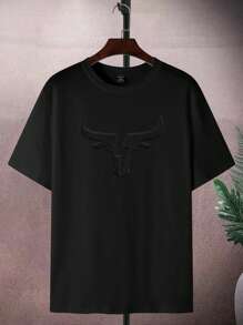 Manfinity Homme Camiseta 3D para hombres de talla grande, camiseta casual de verano para hombres con unicolor y estampado en relieve - Negro - Ver 2