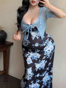 Flirla 2pcs Mesh Sheer Blouse And Blue Floral Print Spaghetti Strap Dress Set - Multicolor - View 1