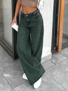 EURMUSE 100% Cotton WIDE LEG LOW WAIST JEANS - Teal Blue - View 4