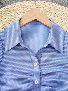 Tween Girls Simple Classic Blue Striped Short Sleeve Stand Collar Cardigan Shirt Girls Striped Shirt Blue Striped Shirt Girls Teen Girl Striped Shirt Kids Blue Striped Shirt Girls Summer Shirt