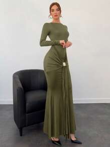Aloruh Autumn/Winter New Meraid Women Long Dress - Army Green - View 6
