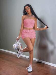 Slaydiva Sweet And Cute White Vest + White Lace & Ruffle Trim Low Waist Bodycon Mini Shorts Set - E - Pink - View 6