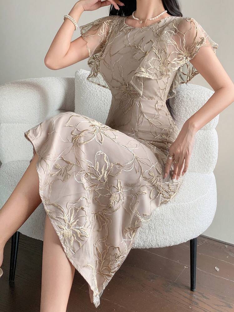 Women's Floral Embroidery Mesh Patchwork Ruffle Trim Elegant Mid-Length Dress