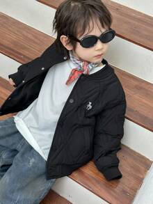 DAZY Little Boys' Round Neck Plaid Print Embroider Solid Color Padded Coat, Winter - Black - View 9