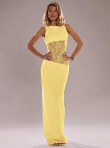 SHEIN BAE 无袖纯黑色紧身蕾丝拼接不对称透视连衣裙，性感度假连衣裙，透视连衣裙 - 黃色 - 查看 2