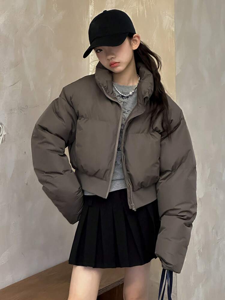 Short Style Casual Solid Color Padded Coat, Aesthetic Korean Design For Teenage Girls
