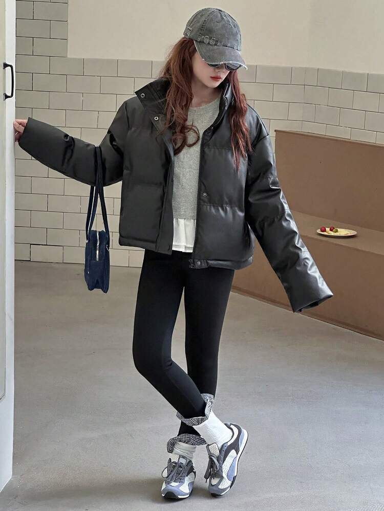 Teen Girls' PU Casual Street Style Loose Solid Color Padded Coat, Winter Leather Jacket