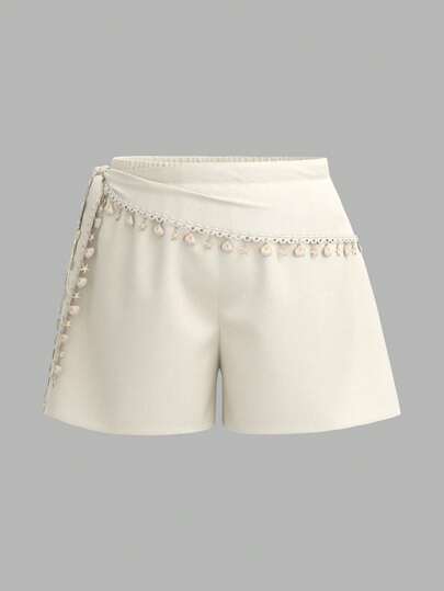 SHEIN MOD 杏色航海风格浪漫度假宽松松紧腰阔腿系带荷叶边拼接贝壳流苏装饰大码短裤