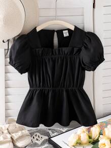 Tween Girl Frill Trim Balloon Sleeve Black Blouse - Black - View 1