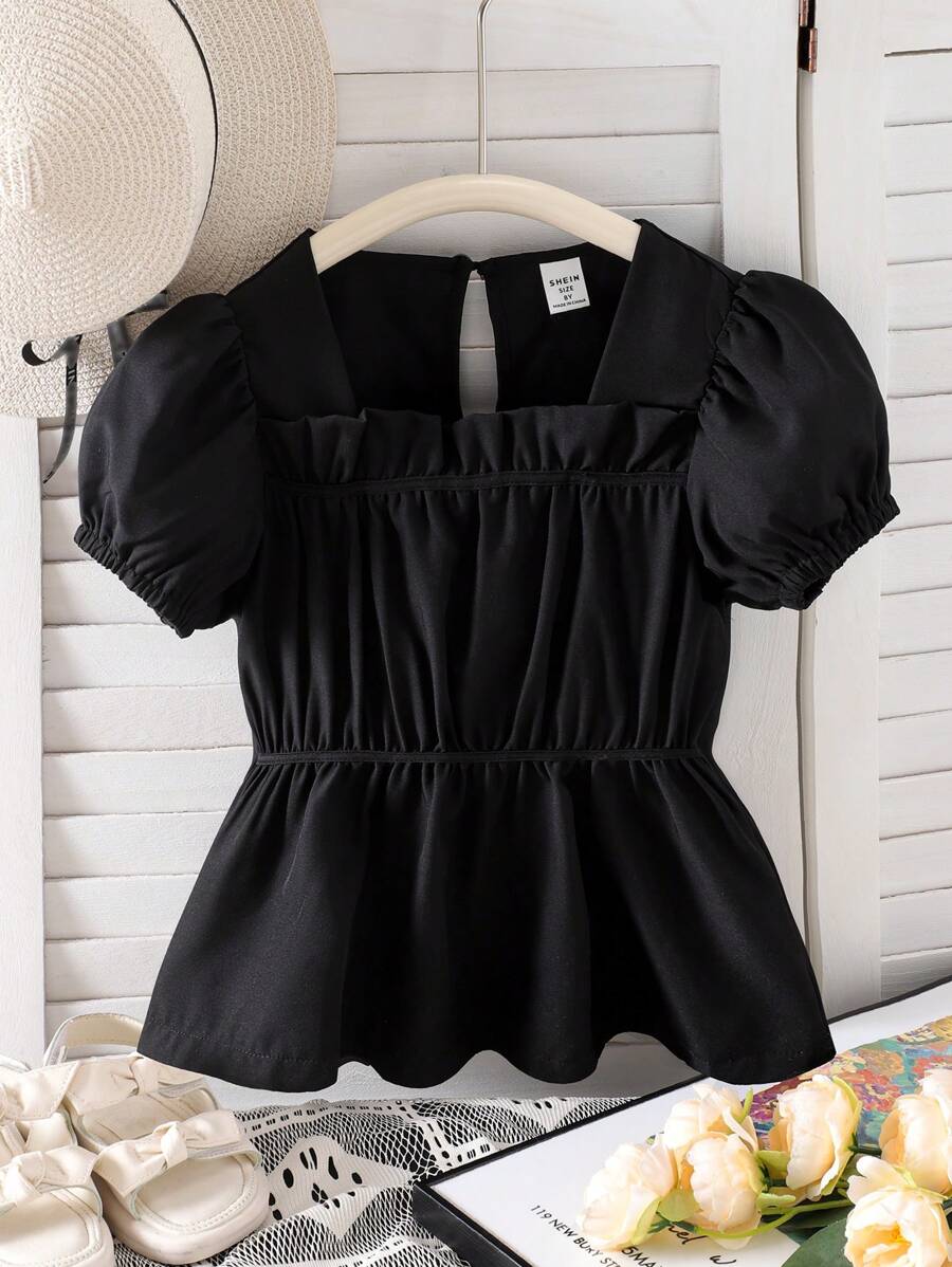 Tween Girl Frill Trim Balloon Sleeve Black Blouse - Black - View 1
