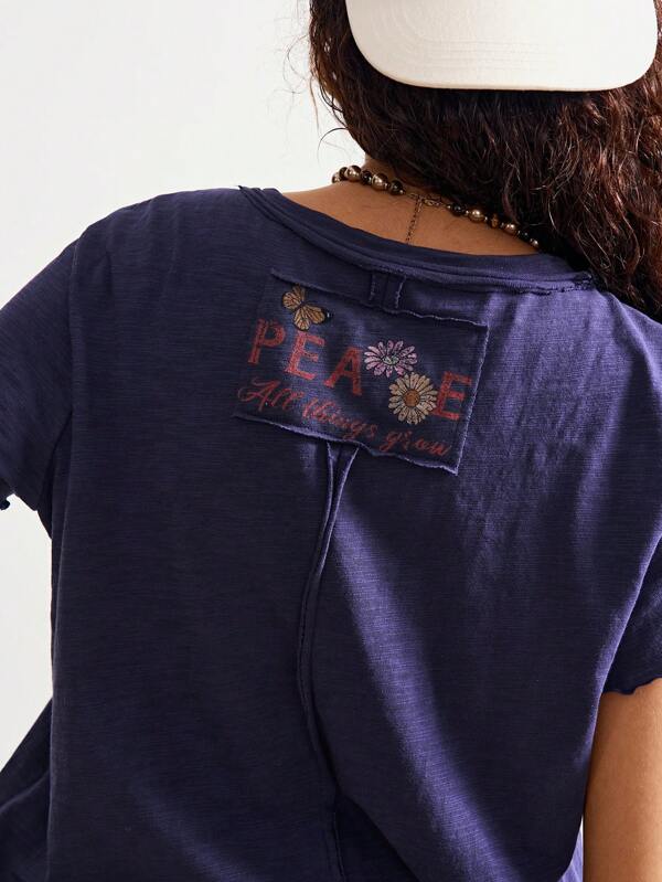 Bohemela Camiseta de punto de manga corta ajustada con cuello redondo y estampado floral de margaritas con símbolo de paz, en estilo boho y campestre casual, para vacaciones, para mujeres