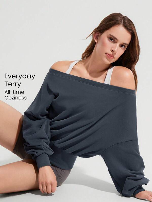 GLOWMODE 日常毛圈布休闲柔软透气吸汗短款宽松紧身下摆露肩运动衫健身房日常运动休闲装