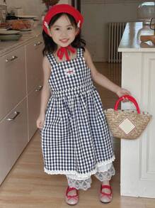Dazy Kids 年轻女孩休闲格纹荷叶边下摆吊带背心连衣裙，夏季 - 藍色 - 查看 7