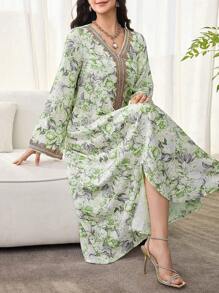 SHEIN Najma 女士花卉印花、钩针拼布、长袖连衣裙、端庄优雅的 A 字形卡夫坦和 Jalabiya 连衣裙，适合晚会/婚礼嘉宾/周年纪念/日常穿着 - 彩色 - 查看 7