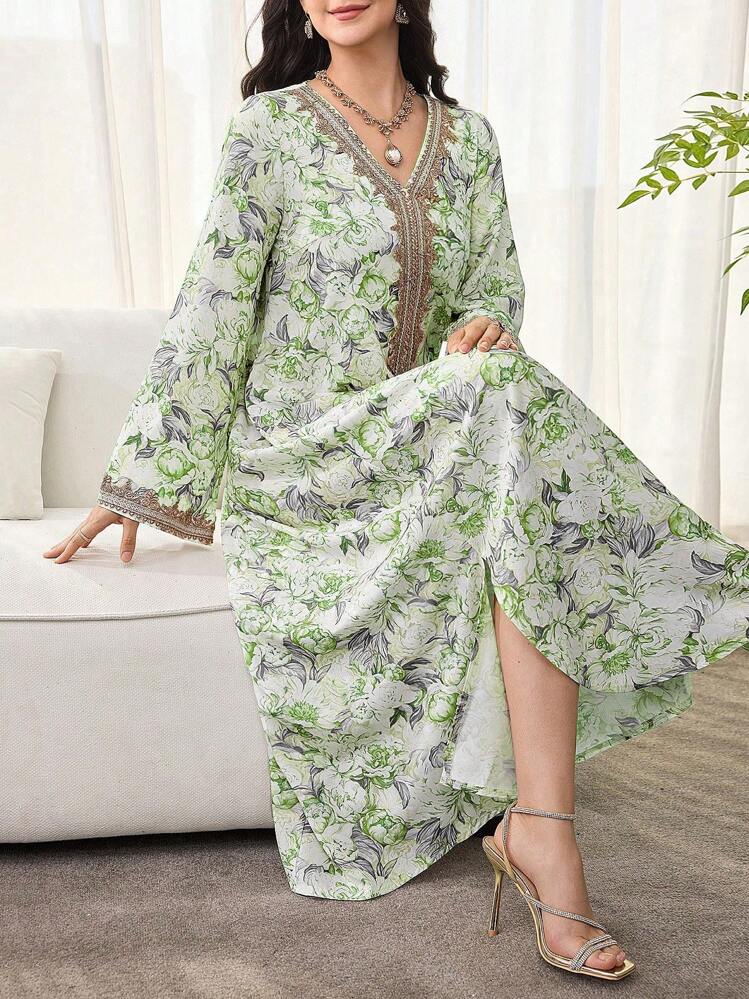 SHEIN Najma 女士花卉印花、钩针拼布、长袖连衣裙、端庄优雅的 A 字形卡夫坦和 Jalabiya 连衣裙，适合晚会/婚礼嘉宾/周年纪念/日常穿着 - 彩色 - 查看 7