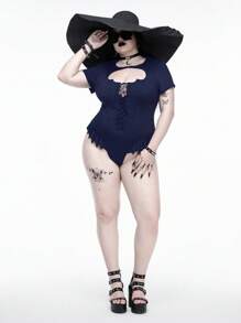ROMWE Plus Size Gothic Summer Beach Bat Hem Collar Hollow Bodysuit For Women, Navy Blue - Navy Blue - View 6