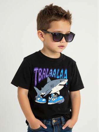 Young Boys' Casual Shark Letter Print T-Shirt For Summerschool Clothes Back To School Clothes Puppy Keep Puppy Graphic Tees School Clothes Back To School Clothes Puppy Keep Puppy Graphic Tees