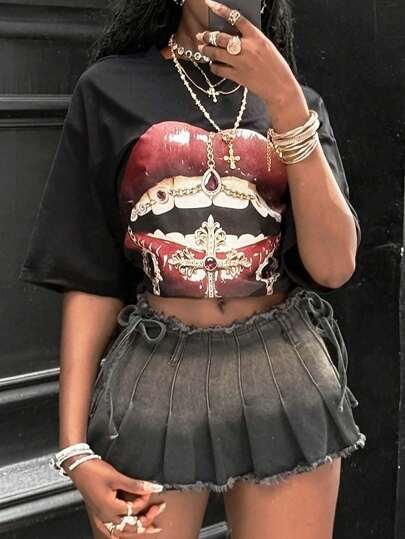 Coolane Women's & Men's Plus Size Summer Vintage Y2k Casual Going Out Streetwear Hip-Hop Sexy Lip Graphics Round Neck T-Shirt Oversized Inclusive Tops