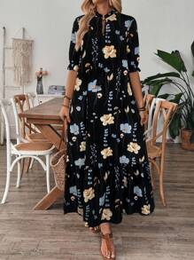 EMERY ROSE V领印花荷叶边下摆休闲假日中长连衣裙（带抽绳）