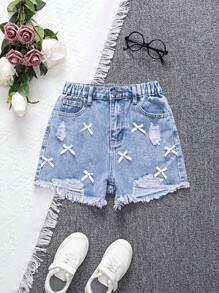 Tween Girls' Denim Short High Waist,Light Blue Distressed Frayed Denim Shorts With White Bow,Summer Casual School Clothes For Fashionable Girls - Medium Wash - View 5
