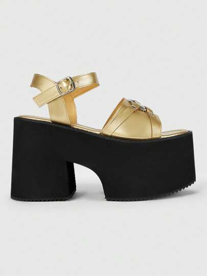 Grunge Punk Punk Style Women's Thick Sole Strap Sandals, Goth Thick Heel Open Toe Retro Rock Star Decor, Fashionable Ankle Strap Back Open Metal Buckle Comfortable Casual Wedge Shoes, Halloween