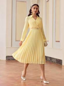 ZEYLAH Elegant Solid Color Raglan Sleeve Pleated Dress - Yellow - View 6