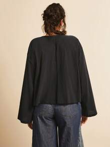 Freevana 大码休闲纯色编织喇叭袖宽松常规女式衬衫，喇叭袖上衣 - 黑色 - 查看 2