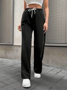 Women Casual Solid Color Low Waist Wide Leg Pants - Black - View 7