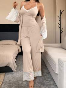 DAZY 3pcs/Set Women Contrast Color Lace Patchwork Robe, Camisole Top & Pants Sleepwear Pajama Set, Fall Winter Clothes Pajama - Apricot - View 3