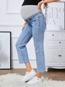 SHEIN Maternity High-Waisted Frayed Hem Casual 3/4 Jeans - Medium Wash - View 2