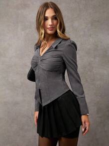 SHEIN LUNE Women's Regular Shoulder Zipper Pleated Chest Summer Long Sleeve Blouse - Grey - View 3